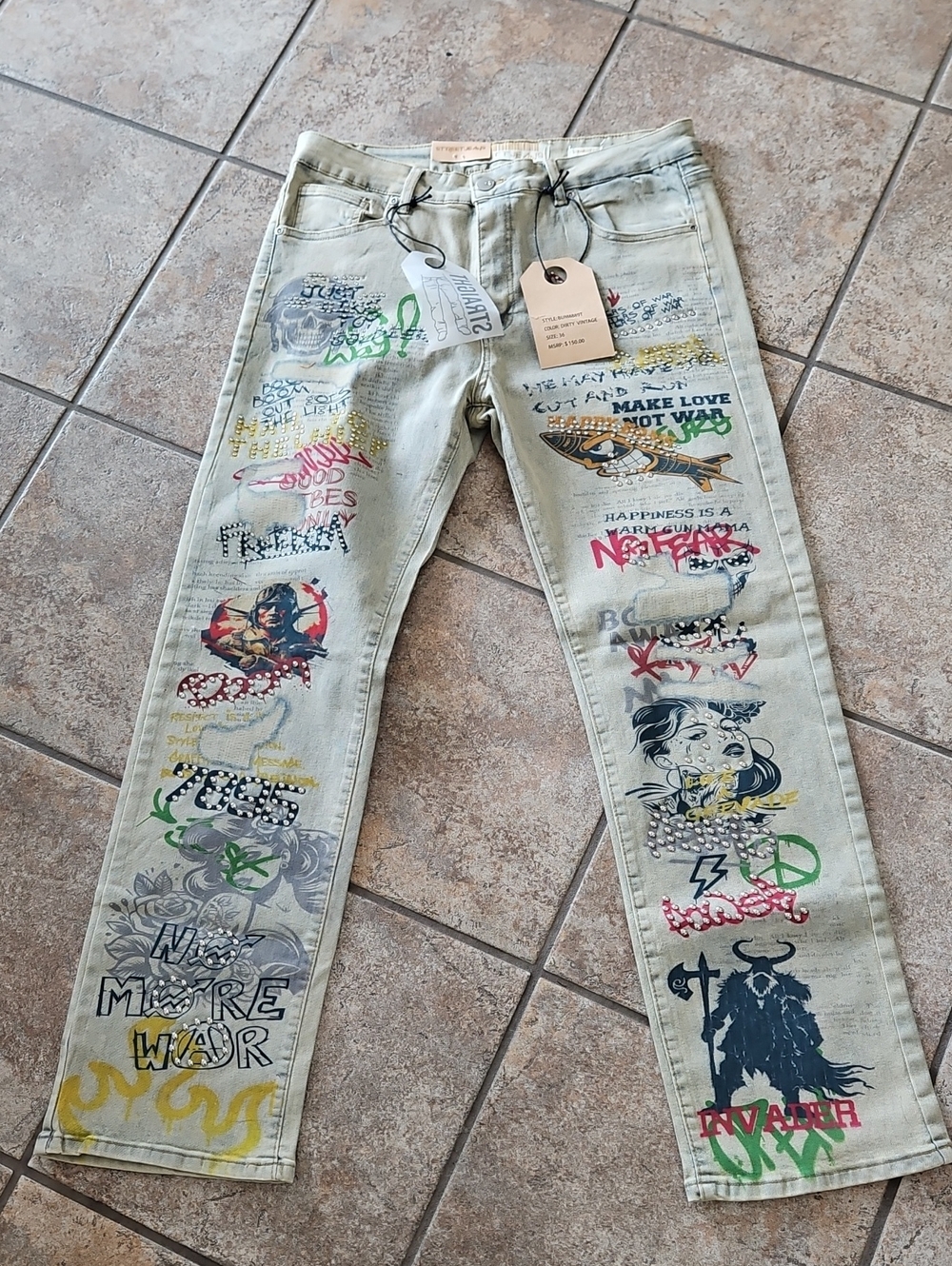 Men's Light Vinyage Blue Graphic Slim Jeans - Artist Print Design